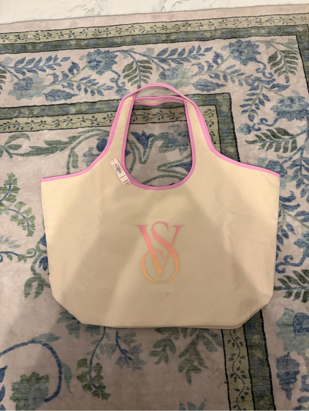 Victoria's Secret Cream Canvas Tote with Pink Trim and Pastel Logo